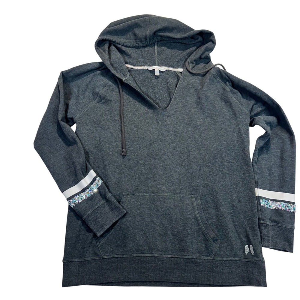 Victoria's Secret Love VS Sequin Sleeve Hoodie Gray V-Neck Sweatshirt Medium